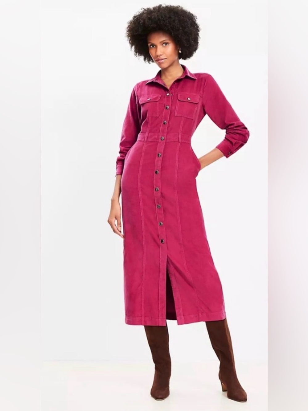 LOFT Fuchsia Corduroy Button Front Midi Shirt Dress NWT Petite 4P